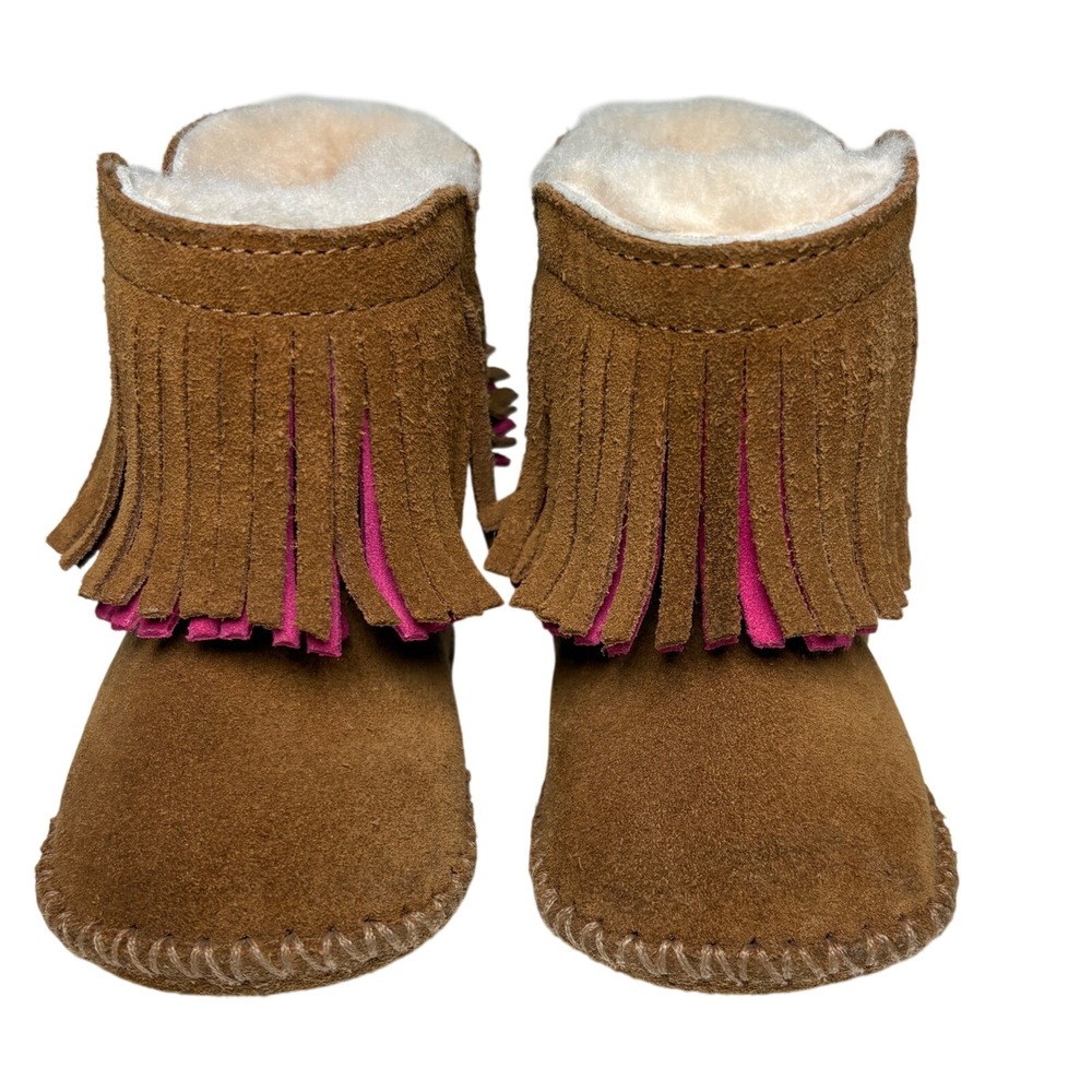 UGG Boots 2/3‎ infant Chestnut Pink Fringe Suede Sheepskin Booties branyn